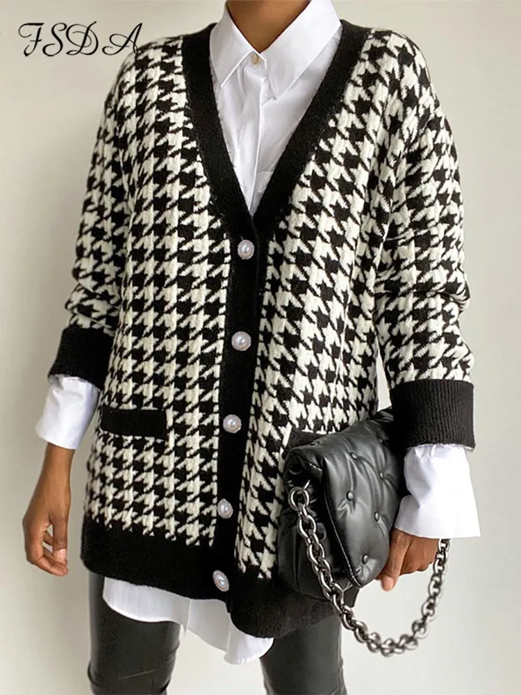 Women Button Black Houndstooth Cardigan