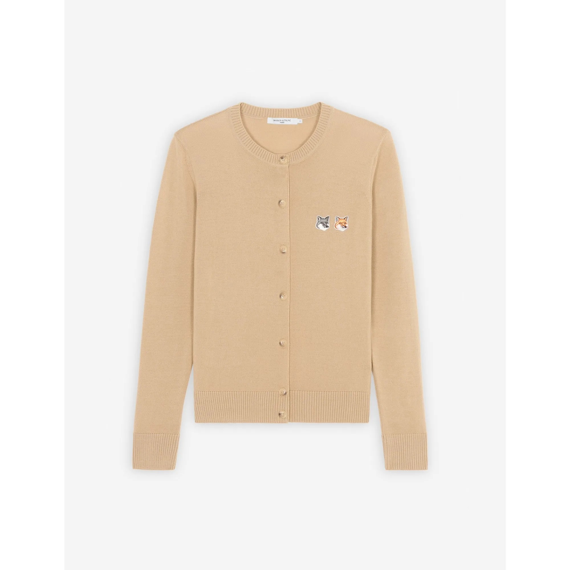 Women Double Fox Head Patch R-Neck Cardigan - Beige Melange