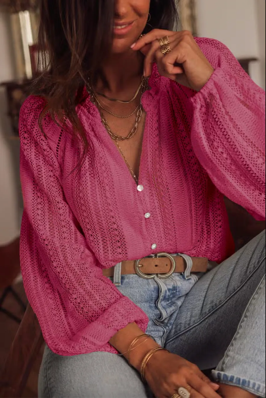Women’s Lace Long Sleeve Blouse in Pink