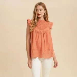 Women's Mock Neck Ruffled Sleeveless Floral Eyelet Blouse in Burnt Coral