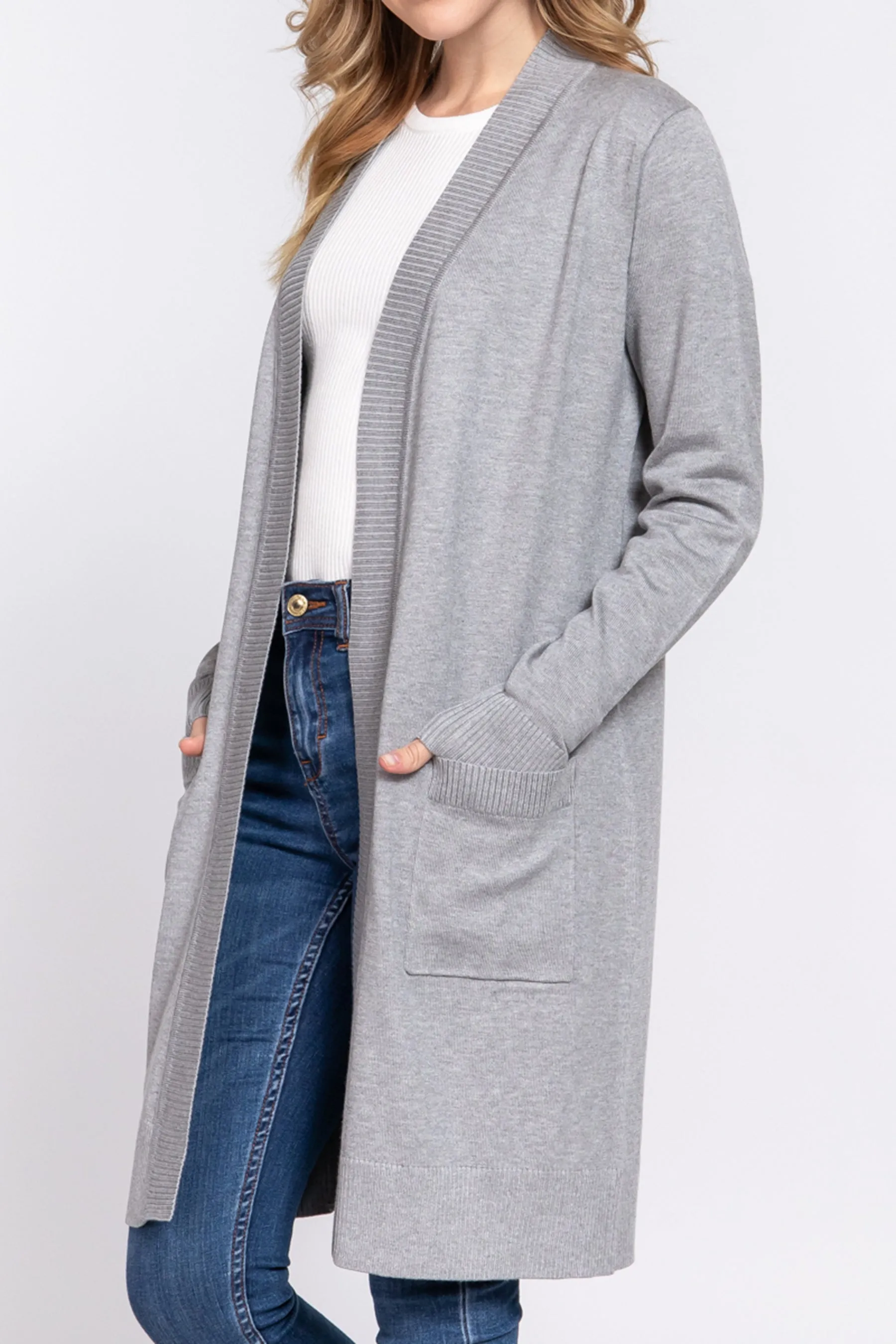 Women's Rib Banded Open Front Tunic Sweater Cardigan with Pockets