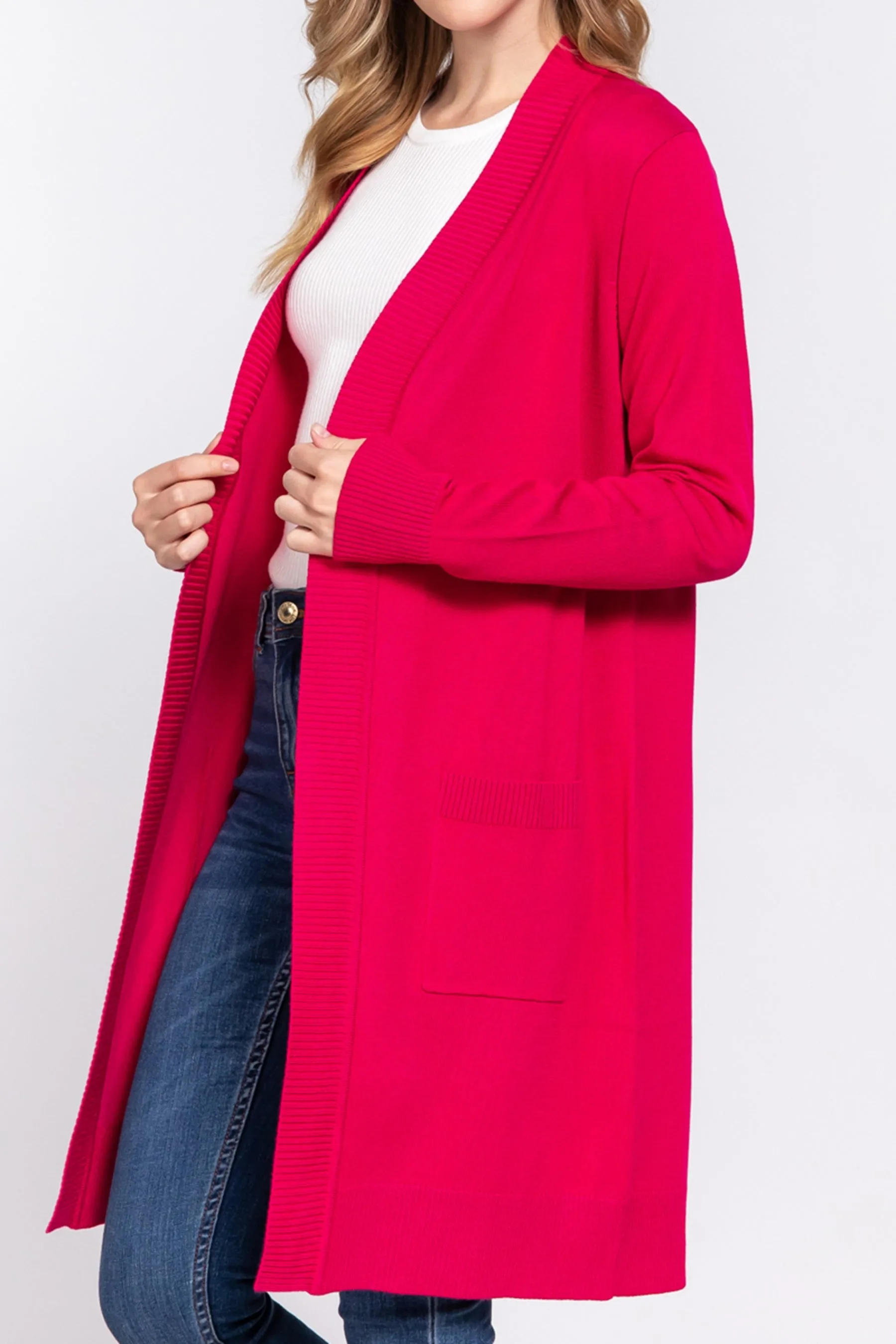 Women's Rib Banded Open Front Tunic Sweater Cardigan with Pockets